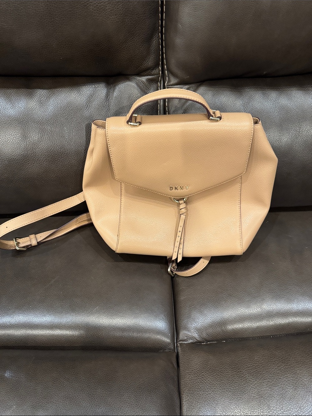 DKNY Tan Beige Pebbled Leather Top-Handle backpack Bag